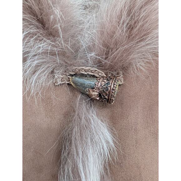 VTG Elie Tahari Shearling Suede Fur Trim Vest Toggle Closure Tan Boho Western MD - Picture 5 of 12